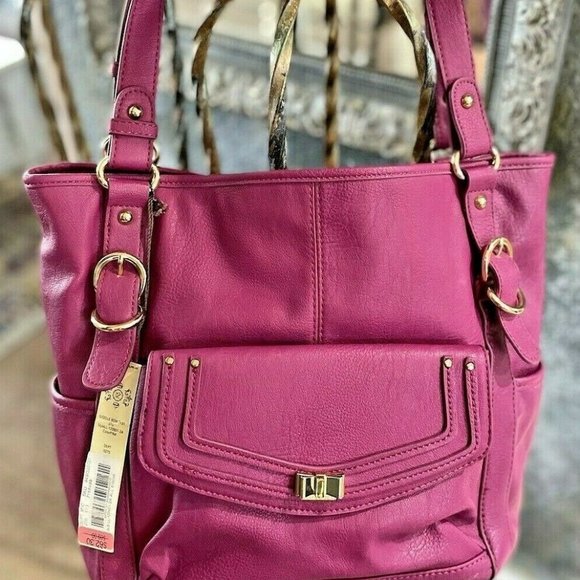 Kate Landry Leather Tote Satchel Handbag Purse Fuchsia Pink Gold Tone Hardware - Picture 4 of 7